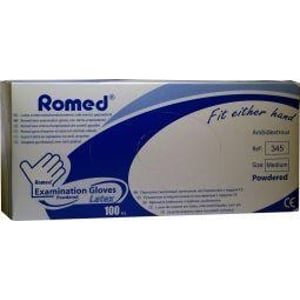 Romed Latex handschoen niet steriel gepoederd M Romed Latex handschoen niet steriel gepoederd M afbeelding