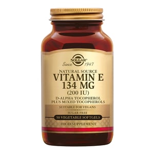 Solgar Vitamins Vitamin E 134 mg/200 IU Vegan (vitamine E in plantaardige softgels) Solgar Vitamins Vitamin E 134 mg/200 IU Vegan (vitamine E in plantaardige softgels) afbeelding