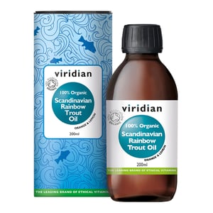 Viridian Organic Scandinavian Rainbow Trout Oil (biologische visolie uit forel) Viridian Organic Scandinavian Rainbow Trout Oil (biologische visolie uit forel) afbeelding