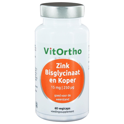 Vitortho Zink bisglycinaat 15 mg en koper 250 mcg Vitortho Zink bisglycinaat 15 mg en koper 250 mcg afbeelding