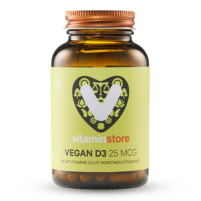 Vitaminstore Vegan D3 25 mcg (vegan vitamine D 1000 IE) Vitaminstore Vegan D3 25 mcg (vegan vitamine D 1000 IE) afbeelding