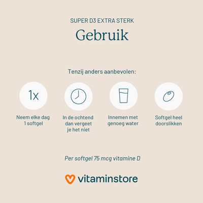 Vitaminstore Super D3 Extra Sterk 75 mcg vitamine D Vitaminstore Super D3 Extra Sterk 75 mcg vitamine D afbeelding