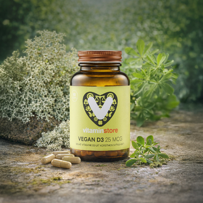 Vitaminstore Vegan D3 25 mcg (vegan vitamine D 1000 IE) Vitaminstore Vegan D3 25 mcg (vegan vitamine D 1000 IE) afbeelding