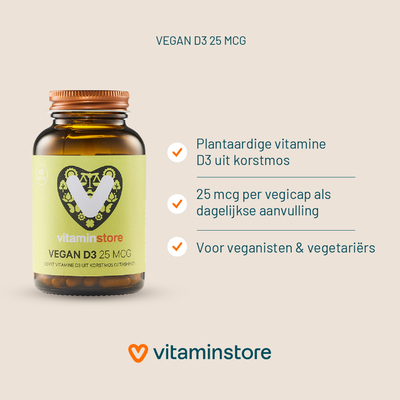 Vitaminstore Vegan D3 25 mcg (vegan vitamine D 1000 IE) Vitaminstore Vegan D3 25 mcg (vegan vitamine D 1000 IE) afbeelding