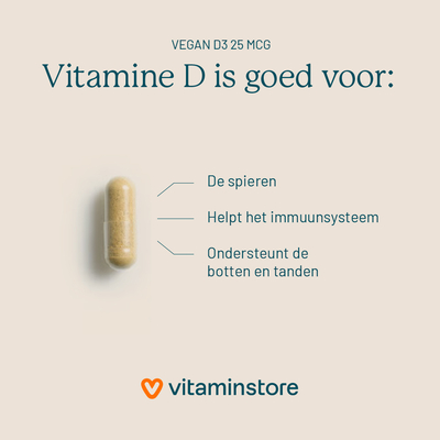 Vitaminstore Vegan D3 25 mcg (vegan vitamine D 1000 IE) Vitaminstore Vegan D3 25 mcg (vegan vitamine D 1000 IE) afbeelding