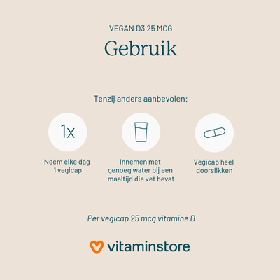 Vitaminstore Vegan D3 25 mcg (vegan vitamine D 1000 IE) Vitaminstore Vegan D3 25 mcg (vegan vitamine D 1000 IE) afbeelding