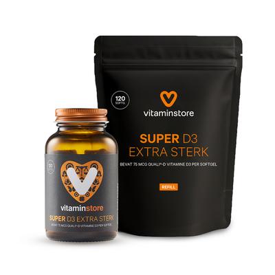 Vitaminstore Super D3 Extra Sterk pot + refill 120 st. Vitaminstore Super D3 Extra Sterk pot + refill 120 st. afbeelding