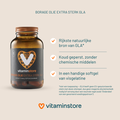 Vitaminstore Borage Olie Extra Sterk GLA (voorheen Zuiver GLA) Vitaminstore Borage Olie Extra Sterk GLA (voorheen Zuiver GLA) afbeelding