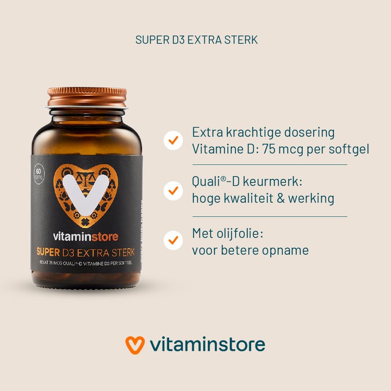 Vitaminstore Super D3 Extra Sterk 75 mcg vitamine D Vitaminstore Super D3 Extra Sterk 75 mcg vitamine D afbeelding