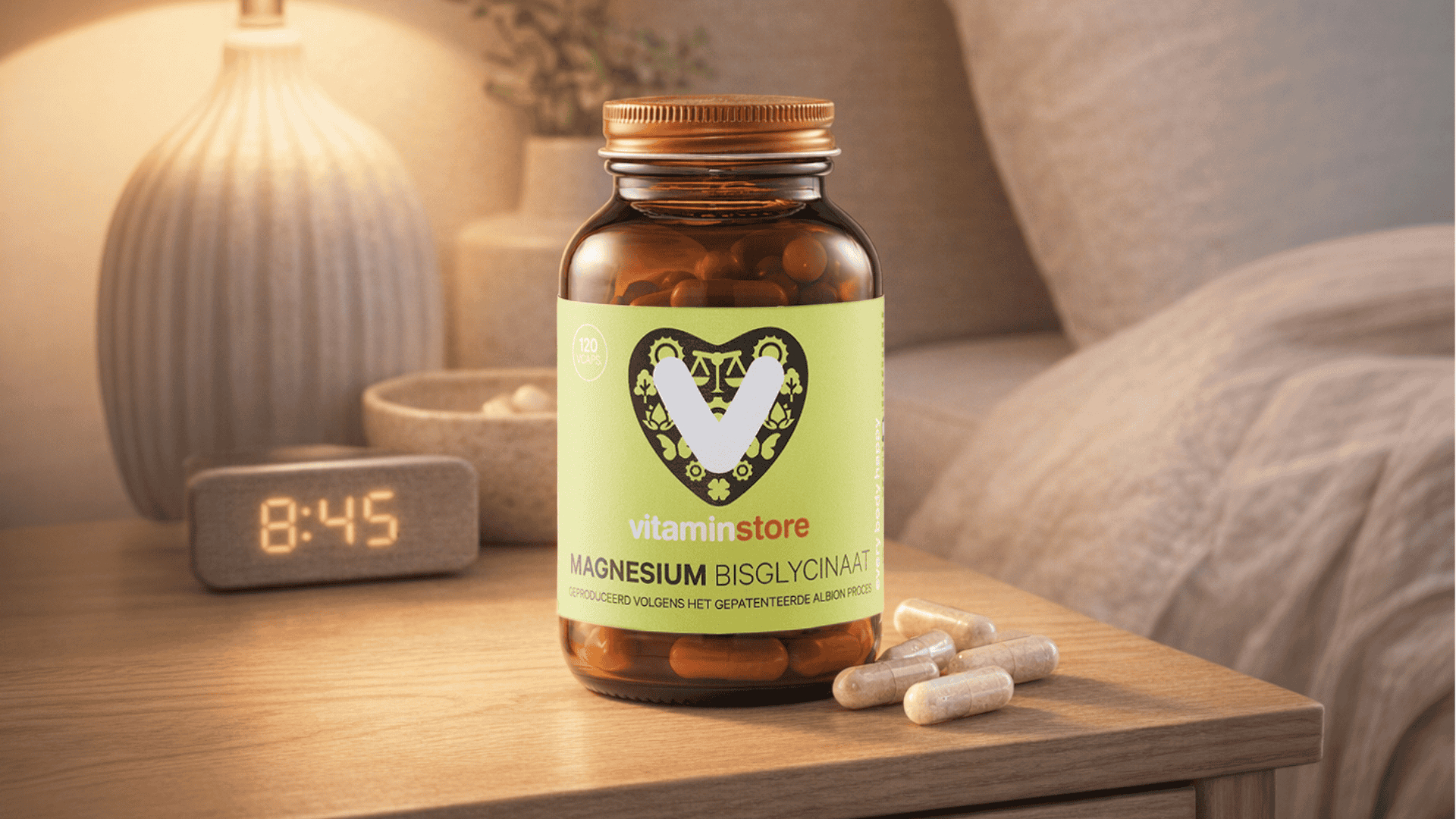 foto van een pot magnesium op een nachtkastje met een wekker erachter